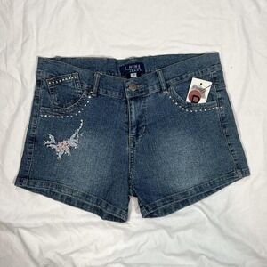 y2k low rise blue denim shorts with rhinestone details and floral embroidery